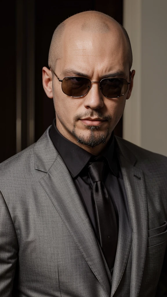 a close up of a bald man, slim fit face, wearing sunglasses and a suit, bald with short beard, short goatee, thin beard, shaved beard, with glasses and goatee, goatee beard, goatee, manly arrogant domineering face