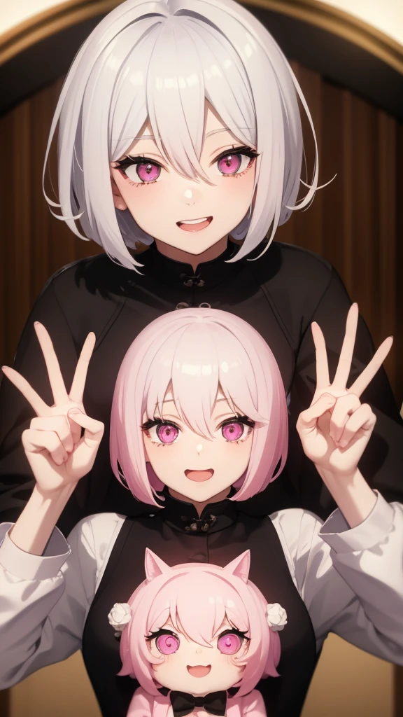 White Hair、Pink Eyes、Short Hair、laughing、Only one girl、alone、Cute、Face is close、laughing、it&#39;s raining、Holding an umbrella、at the park
