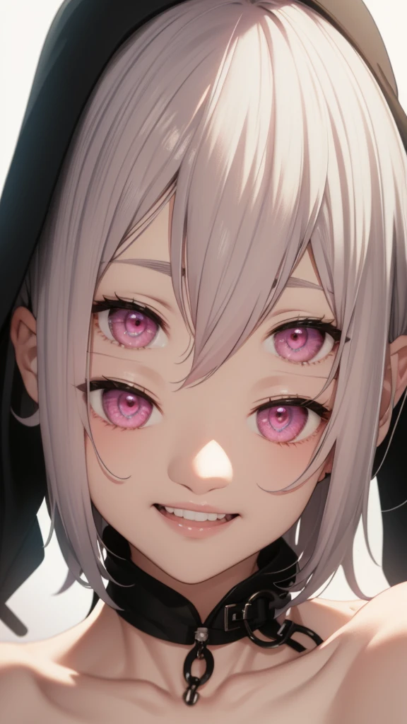 White Hair、Pink Eyes、Short Hair、laughing、Only one girl、alone、Cute、Face is close、laughing、it&#39;s raining、Holding an umbrella、at the park