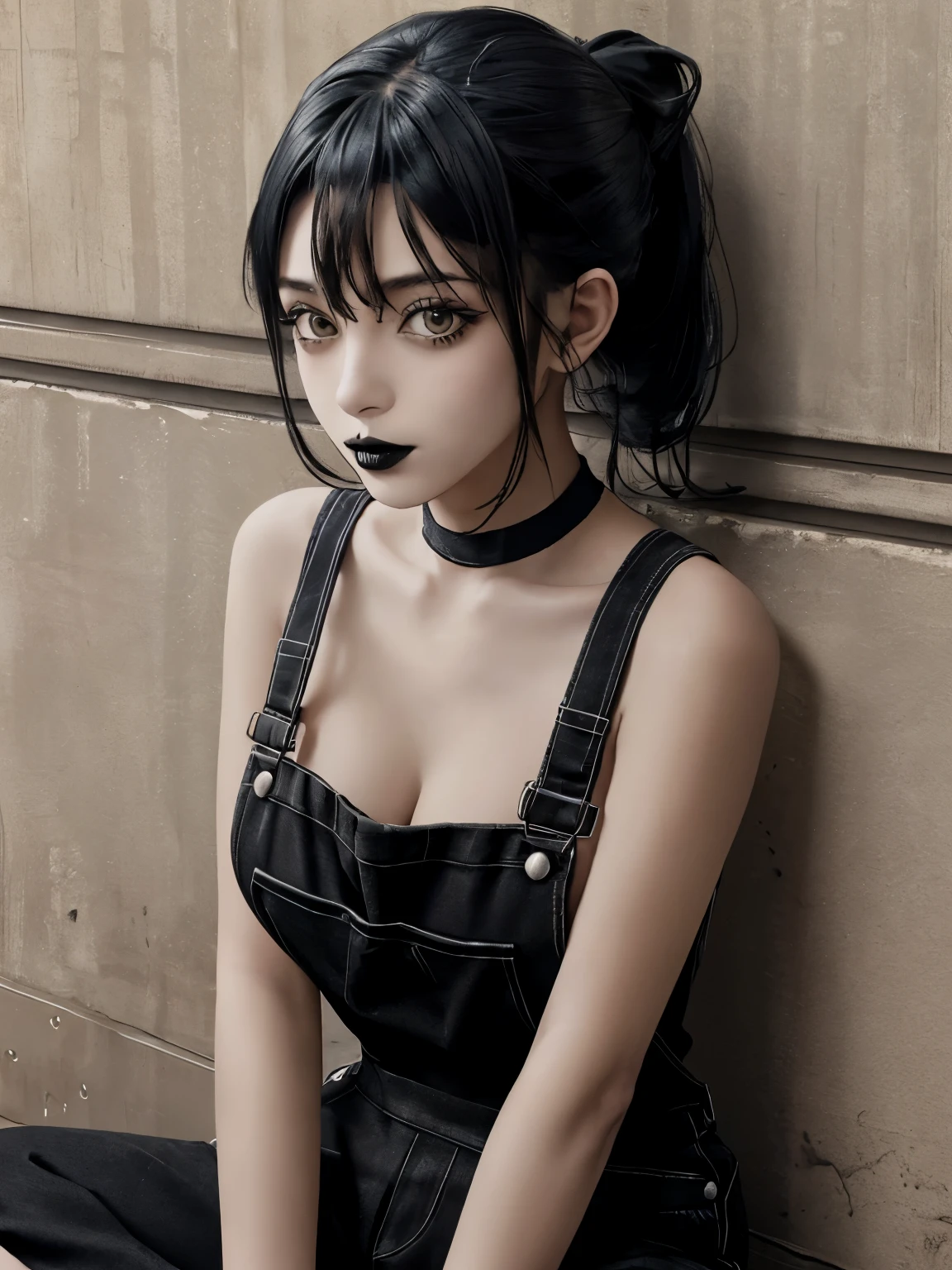 1girl, looking at viewer, goth, black overalls, farmhouse, sitting on floor, sitting against wall, breasts, shirtless, black lips, black lipstick, ponytail. bangs