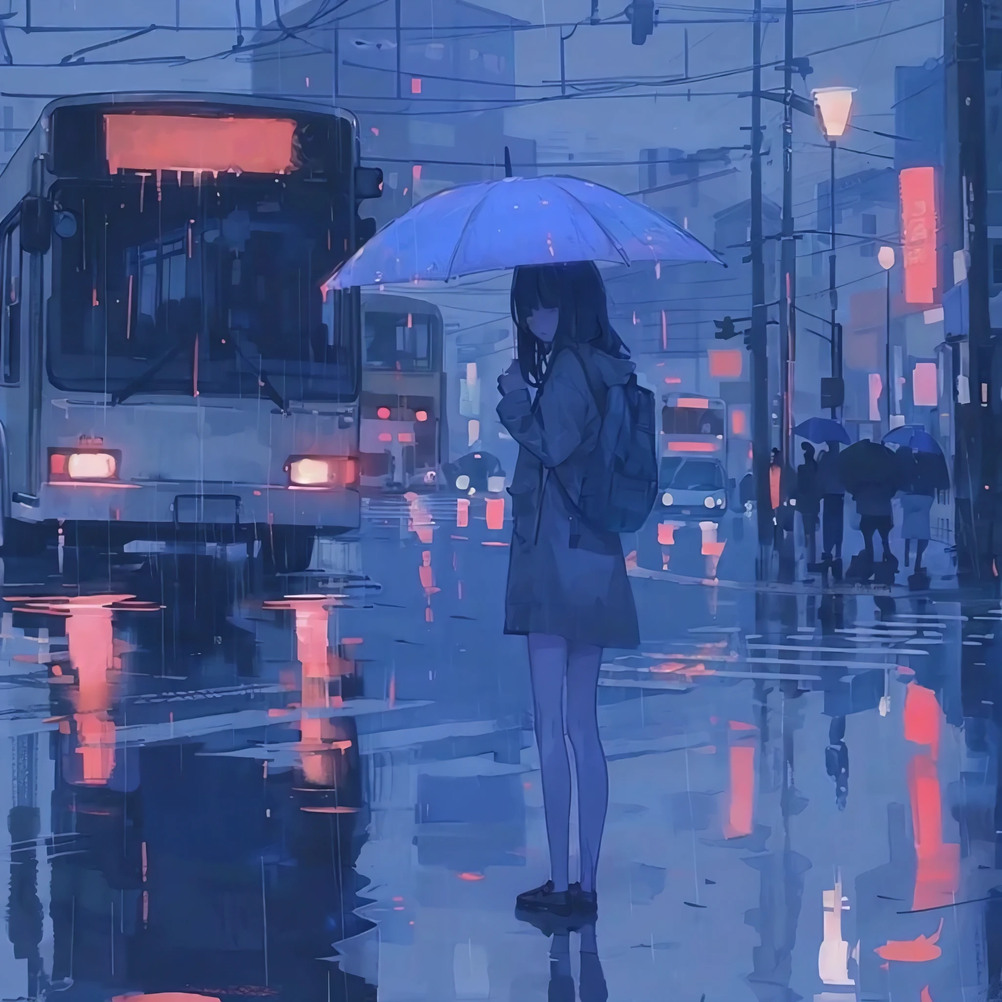 a rural student with an umbrella waiting for a bus in the rain,morning,1girl,beautiful detailed eyes,beautiful detailed lips,extremely detailed eyes and face,longeyelashes,holding an umbrella,standing in the rain,rural landscape,cloudy rainy sky,morning light,overcast,atmospheric,warm color tone,detailed environment,muted color palette,realistic,photorealistic,photo-realistic:1.37,best quality,4k,8k,highres,masterpiece:1.2,ultra-detailed,cinematic lighting,dramatic lighting,dramatic composition