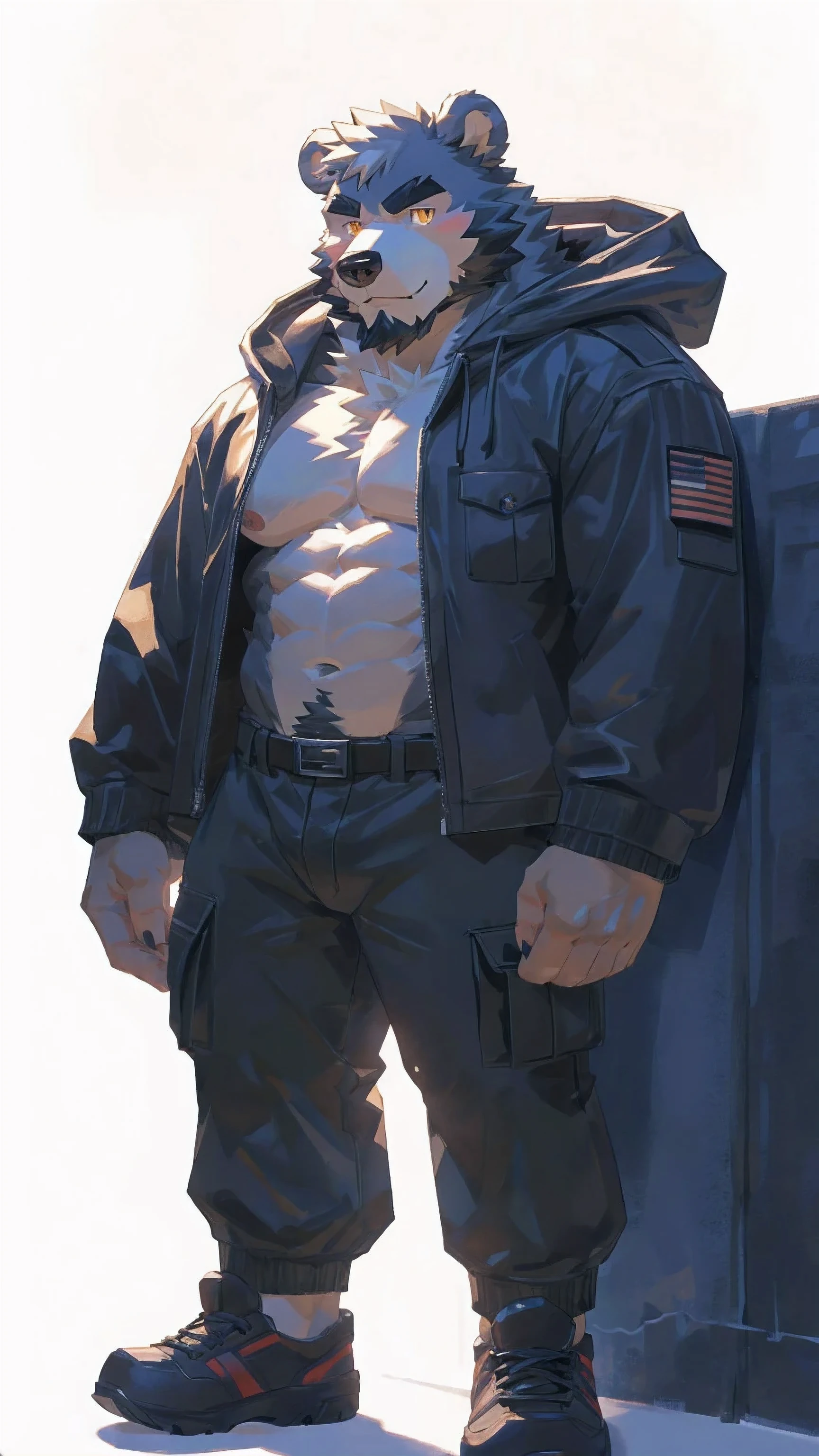 (masterpiece:1.2), best quality,Pixif,Official Art,Perfect anatomical structure, (Light线追踪, Light),Solitary, (1_male:1.3) , (muscle), (Gray fur:1.4), (muscle bear), (beard:1.2), (闪闪发Light的金色眼睛), Kumao, whole body, Thick black eyebrows,(Hooded Parka Coat), (Naked), jeans, (Overalls:1.2), Black shoes, (Pure white background: 1.3)