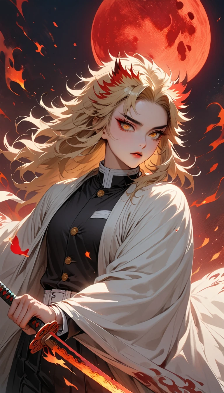 Super detailed, High resolution, Absurd, High resolution, masterpiece, Rengoku Kyojuro, Blonde, Expressive golden eyes, White Haori with a Flame Pattern, Black Demon Slayer uniform, Kimetsu no Yaiba, Fantasy, petal, Red flower, good looking, sexy man Grabbing a sword, alone, magic, shining red fireflies, Red Moon, Highest quality, Highly detailed face and eyes, fire, Grabbing a sword