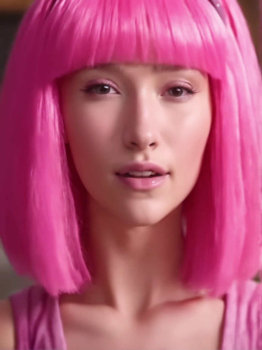 Stephanie, girl, with pink hair and pink wig, (handmade:1.4), (penis:1.2),focus on penis, (naked tits covered in cum:1.3 NFV((after blowjob)), ((cum on face)),beam alignment,realistic,4k textures,