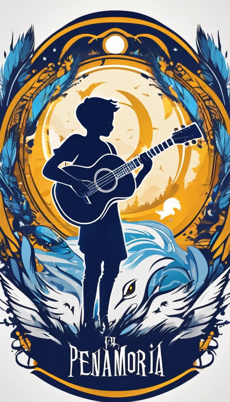 Create a minimalistic, simple, fantastic, poetic, dream-like, easy to understand, logo design of a boy with an acoustic guitar and feather for an upcoming Fantasy Role Playing Game called " Penamemoria". The game is about a world full of bird and feathers. A boy enters that world and discovers his true artistic identity. Create a logo design that transmits the essence of this videogame. It´s a fantasy game, with fantasy elements. Create the logo in the center and a fantasy theme as background. Use the colours blue, white, yellow in the logo. The logo design must convey a sense of fantasy, dreams and music. Must convey a feeling of being a true Dreamer Storyteller.