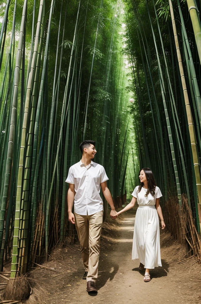 Lovely couple walking in a bamboo forest holding hand