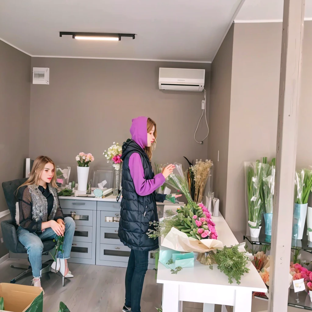 Best quality, 8 k, masterpiece: Flower shop: Ultra-modern flower shop: young girl: girl collecting a bouquet: sitting girl delete: interior design: Beautiful flowers: bright room: Girl face rosary: Workflow: modern furniture: Minimalist design: