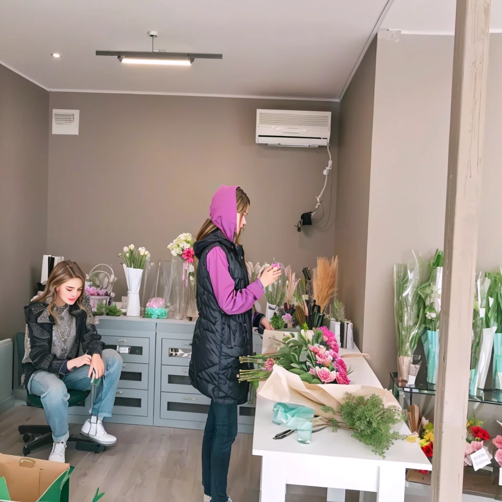 Best quality, 8 k, masterpiece: Flower shop: Ultra-modern flower shop: young girl: girl collecting a bouquet: sitting girl delete: interior design: Beautiful flowers: bright room: Girl face rosary: Workflow: modern furniture: Minimalist design: