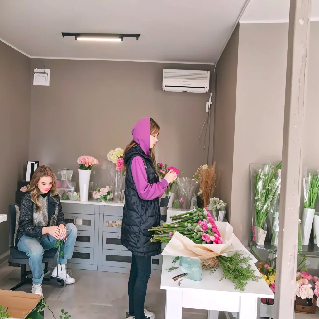 Best quality, 8 k, masterpiece: Flower shop: Ultra-modern flower shop: young girl: girl collecting a bouquet: sitting girl delete: interior design: Beautiful flowers: bright room: Girl face rosary: Workflow: modern furniture: Minimalist design: