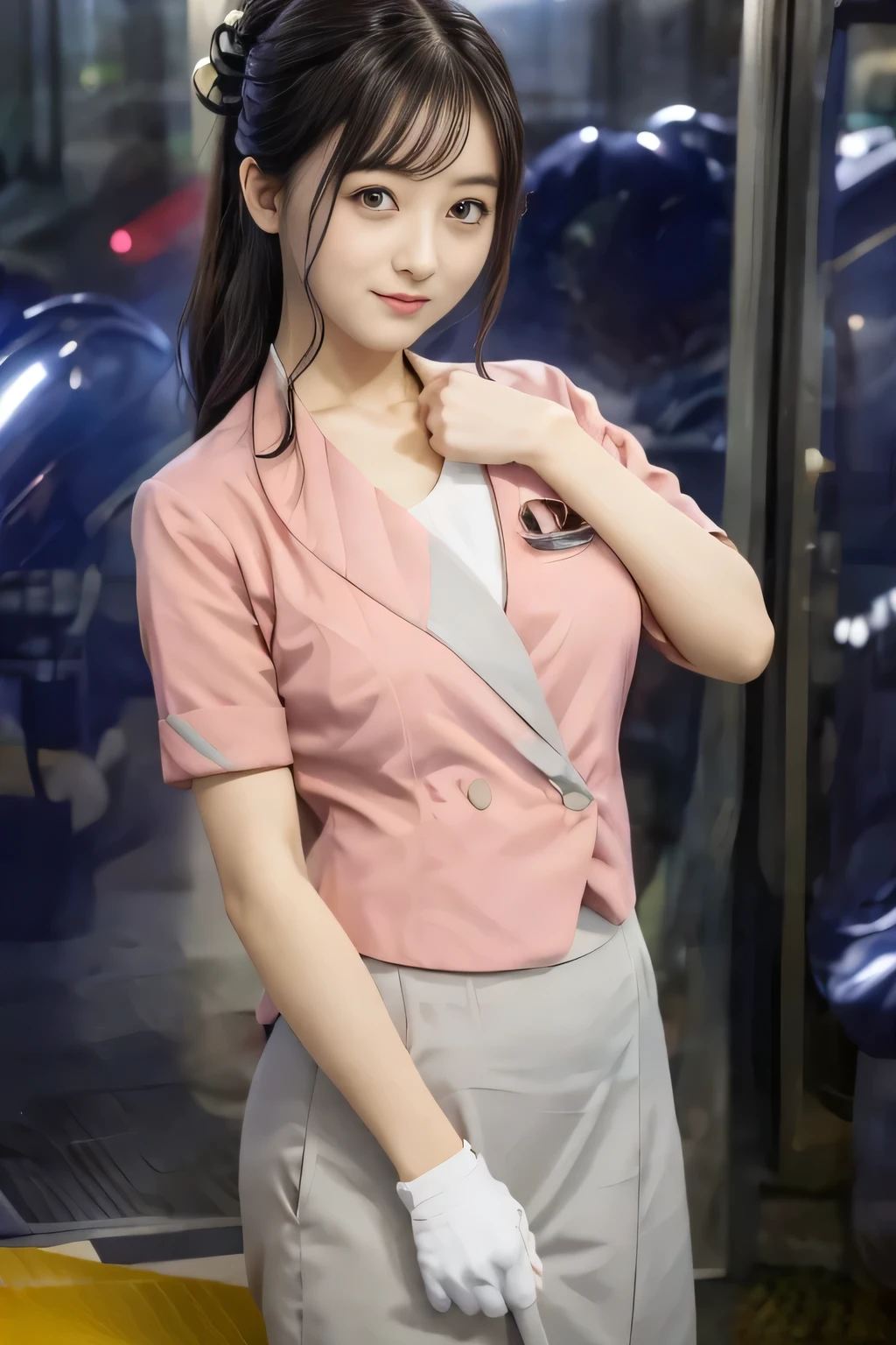 (masterpiece:1.2, Highest quality:1.2), 32k HDR, High resolution, (alone、1 girl)、 (Height: 160cm)、(On the rooftop of a building in the daytime、Professional Lighting)、Building rooftop background、(Nankai train crew uniform pinkを着たリアルスタイル)、(Nankai train crew uniform pink short sleeve collarless pink jacket、Nankai Train Crew Uniform Pink Collarless Short Sleeve Blouse、Nankai Train Crew Uniform Pink Grey Knee-length Culottes)、(The pink jacket is showing from the culottes.)、Dark brown hair、(Long hair that goes up to the chest、Let your hair down)、Long Shot、Big Breasts、Thin legs、((Great hands:2.0)),((Harmonious body proportions:1.5)),((Normal limbs:2.0)),((Normal finger:2.0)),((Delicate eyes:2.0)),((Normal eyes:2.0)))、smile、(Nankai Train Crew Uniform Pink Grey Knee-length Culottesを見せた美しい歩く姿)、Place your hands around your stomach