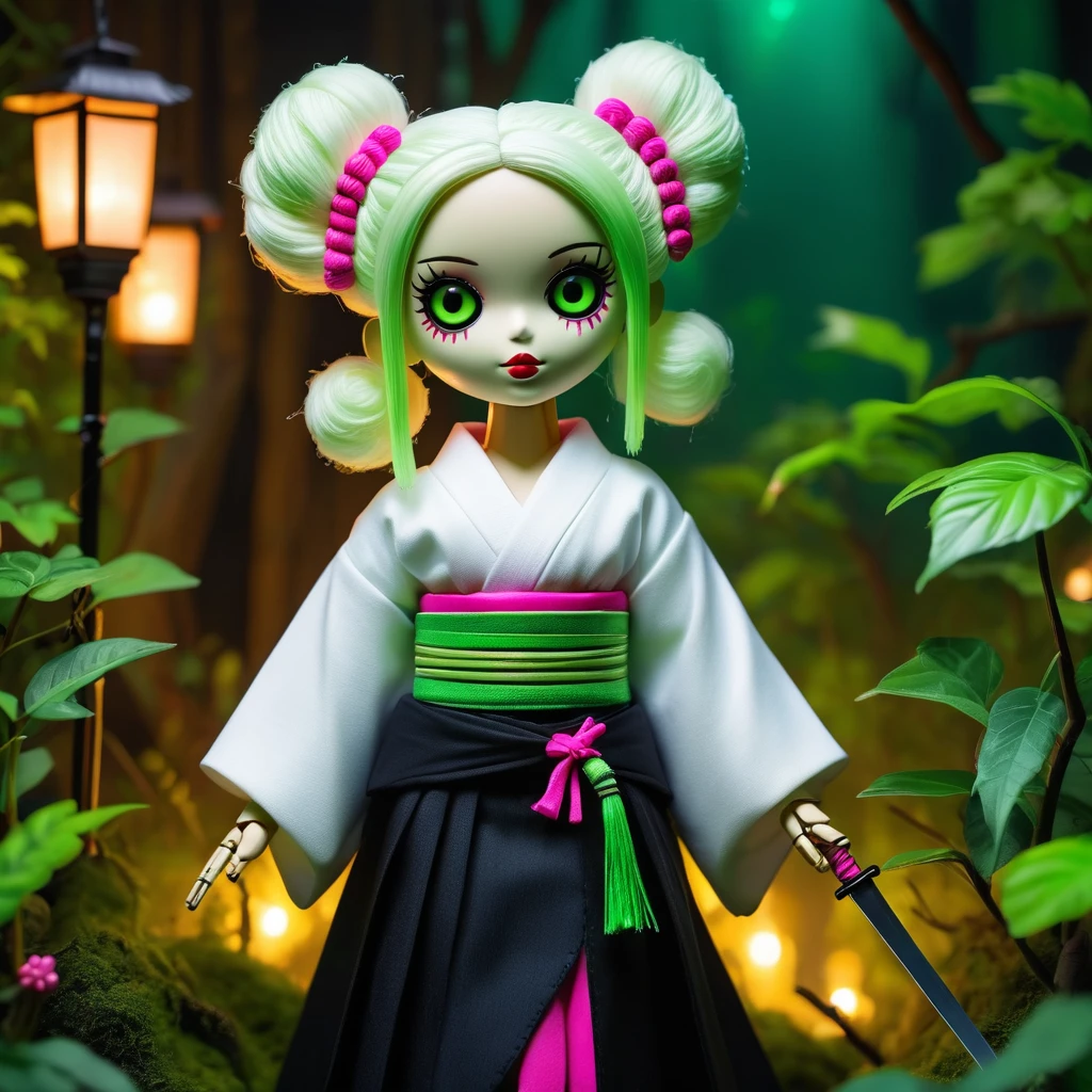 (knitted toy voodoo doll:1.7), (Voodoo Mitsuri Kanroji:1.5), (Clothing white very short kimono with an open neckline on the chest and a black skirt, high green knee-highs:1.4), (hair pink and green pigtails on the shoulders:1.4), (holds a small sword:1.0), (background: dark mystical forest with glowing lanterns:1.2), (style: creepy, mesmerizing, detailed:1.3), best quality, masterpiece, detailed soft oil painting, detailed background, dramatic cinematic lighting, soft edge lighting, professional, dramatic lighting, hard edge lighting, ultra quality, 4k, masterpiece, best quality, 8k, ultra high definition, high resolution, extremely detailed