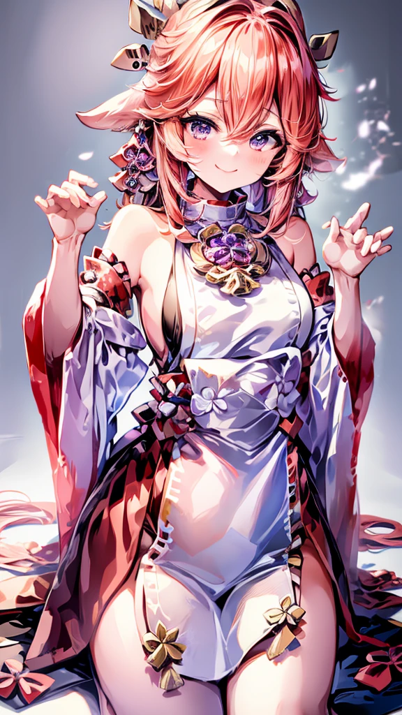 Create an image of a girl similar to Yui Arakaki. Focus especially on the atmosphere around the eyes and the style of the hair, and draw a person who has a similar impression to her. Also, incorporate a bright smile or graceful expression similar to hers. You can arrange your clothes and backgrounds freely, but please express her cleanliness and natural charm.