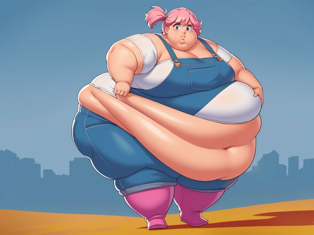 (Morbidly obese body:1.2)(Fat neck and chin:1.3)(Obese:1.1),fat, Slightly chubby, sad, farm backround, Full body, looking at viewer, 1girl, solo, short pink hair, (dark blue choker), (dark blue denim overalls), (purple eyes), (pink boots), (white shoulder lantern sleeve blouse, tucked in pants