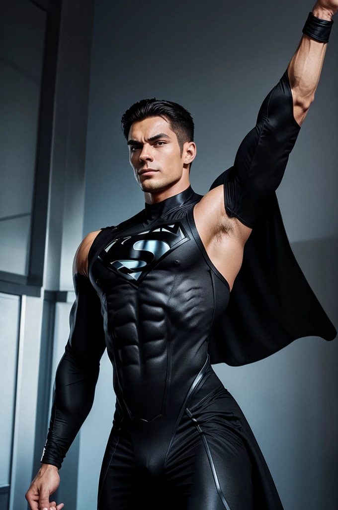 A superhero is flying in the sky wearing a black dress, his arms are amazing to look at, he has a tremendous body. 