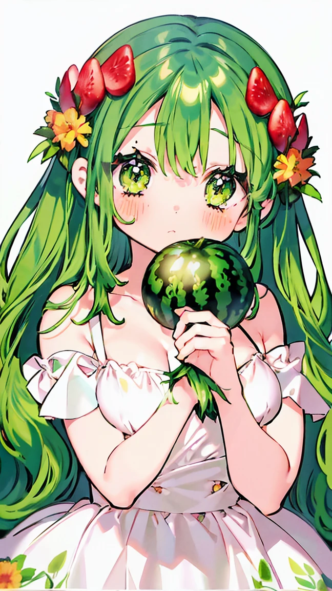 a girl anime girl with lots of green hair and watermelons around her, 1 woman, green eyes, alone, green hair, give, twin gives, flower, long hair, dress, headdress, laugh, short sleeve, looking at viewer, food, hair flower, blush, strawberry headdress, flounce, dehisce