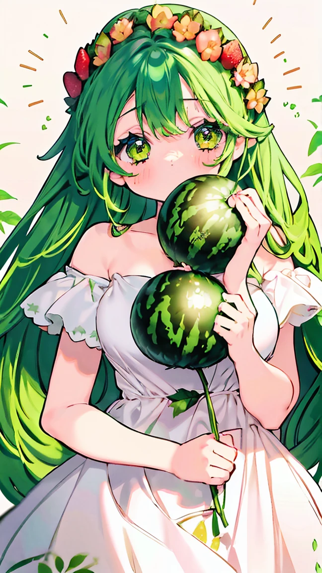 a girl anime girl with lots of green hair and watermelons around her, 1 woman, green eyes, alone, green hair, give, twin gives, flower, long hair, dress, headdress, laugh, short sleeve, looking at viewer, food, hair flower, blush, strawberry headdress, flounce, dehisce