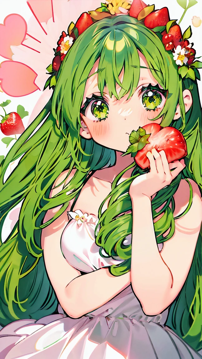 a girl anime girl with lots of green hair and watermelons around her, 1 woman, green eyes, alone, green hair, give, twin gives, flower, long hair, dress, headdress, laugh, short sleeve, looking at viewer, food, hair flower, blush, strawberry headdress, flounce, dehisce