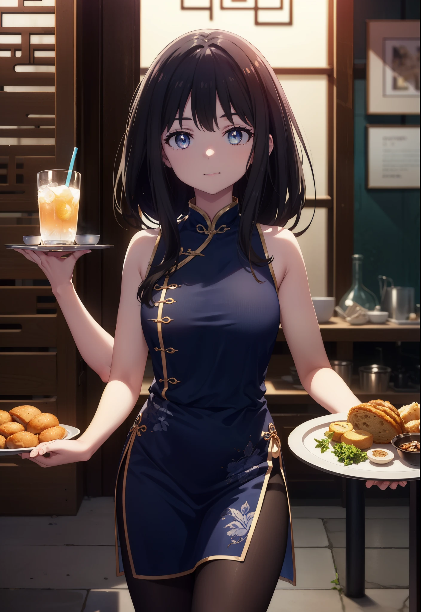 Takiuchi, Check it out, Long Hair, bangs, Black Hair, (Purple eyes:1.2),happy smile, smile, Close your mouth,
Sleeveless blue Chinese dress,Blue long slit,Black pantyhose,Stiletto heels,Tables and chairs, food, drink, tray, tray in one hand,whole bodyがイラストに入るように,Walking,
break indoors,Chinese style coffee shop,
break looking at viewer, whole body,
break (masterpiece:1.2), Highest quality, High resolution, unity 8k wallpaper, (shape:0.8), (Fine and beautiful eyes:1.6), Highly detailed face, Perfect lighting, Highly detailed CG, (Perfect hands, Perfect Anatomy),
break outdoors, city,
break looking at viewer, (Cowboy Shot:1.5),
break (masterpiece:1.2), Highest quality, High resolution, unity 8k wallpaper, (figure:0.8), (Beautiful attention to detail:1.6), Highly detailed face, Perfect lighting, Highly detailed CG, (Perfect hands, Perfect Anatomy),