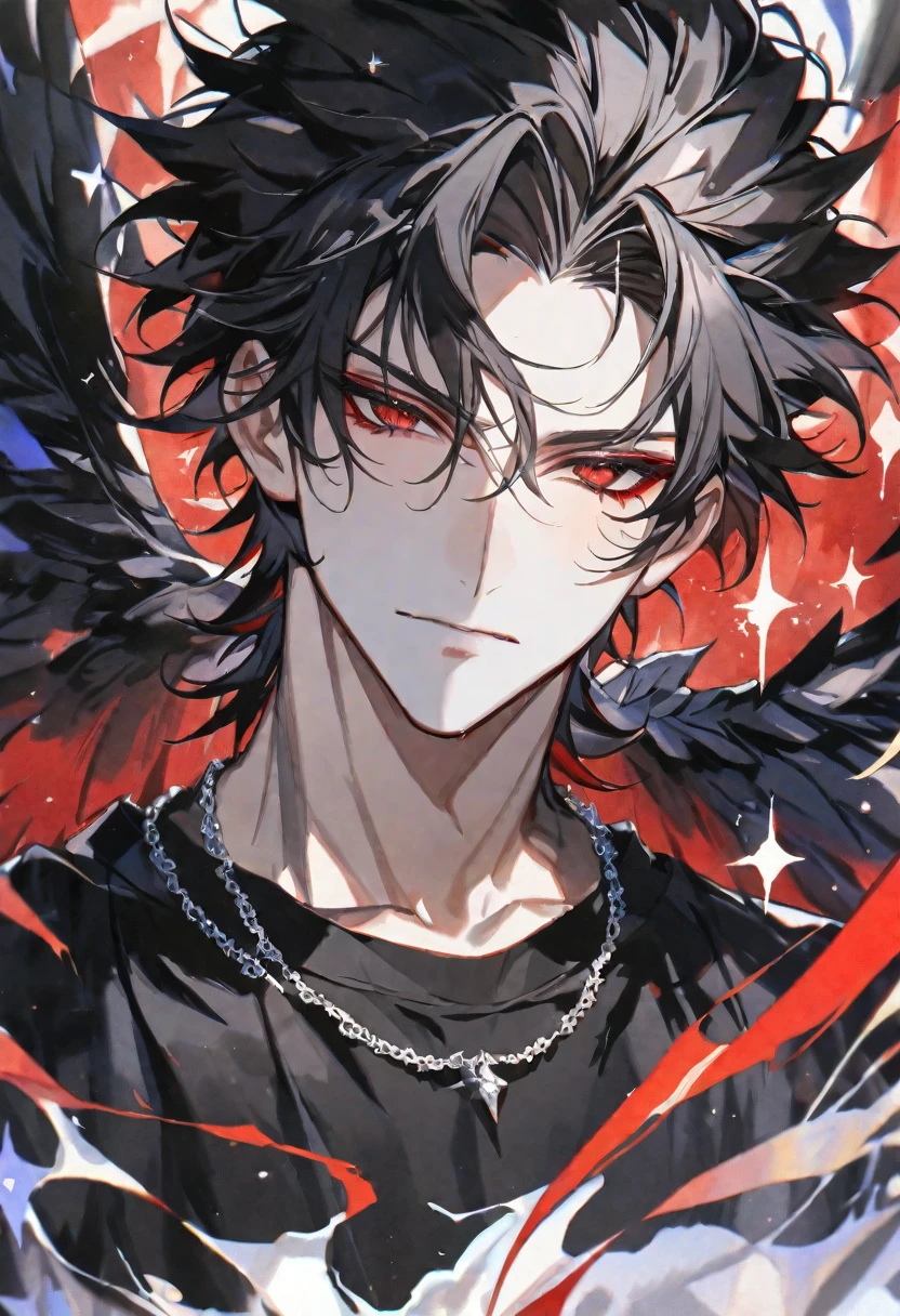 Solo,handsome,Watercolor,
delicate,4K,
1. male,
black hair and half White hair, ponytail,
red eyes,
black angel's feather,
a black oversized T-shirt,
silver necklace,devil,King, priest,
improvement of face, front, sparkle,Face up,
black background