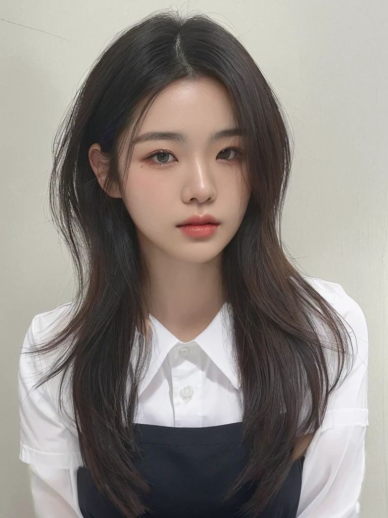 Best Quality, 8k, Masterpiece, (Portrait: 1.3), (photo realistic:1.4), (hyper realistic:1.4), Sharp Focus, looking at viewer, (smoother lighting:1.1), (increase cinematic lighting quality:0.9), realistic lighting, backlighting, light on face, ray trace, (brightening light:1.2), (Increase quality:1.4), sharp detail, (best quality real texture skin:1.4), finely detailed eyes, black_eyes, finely detailed face, 25 year old Korean woman, (white formal_shirt:1.4), (Create an image maintaining the original base model hairstyle:1.5)