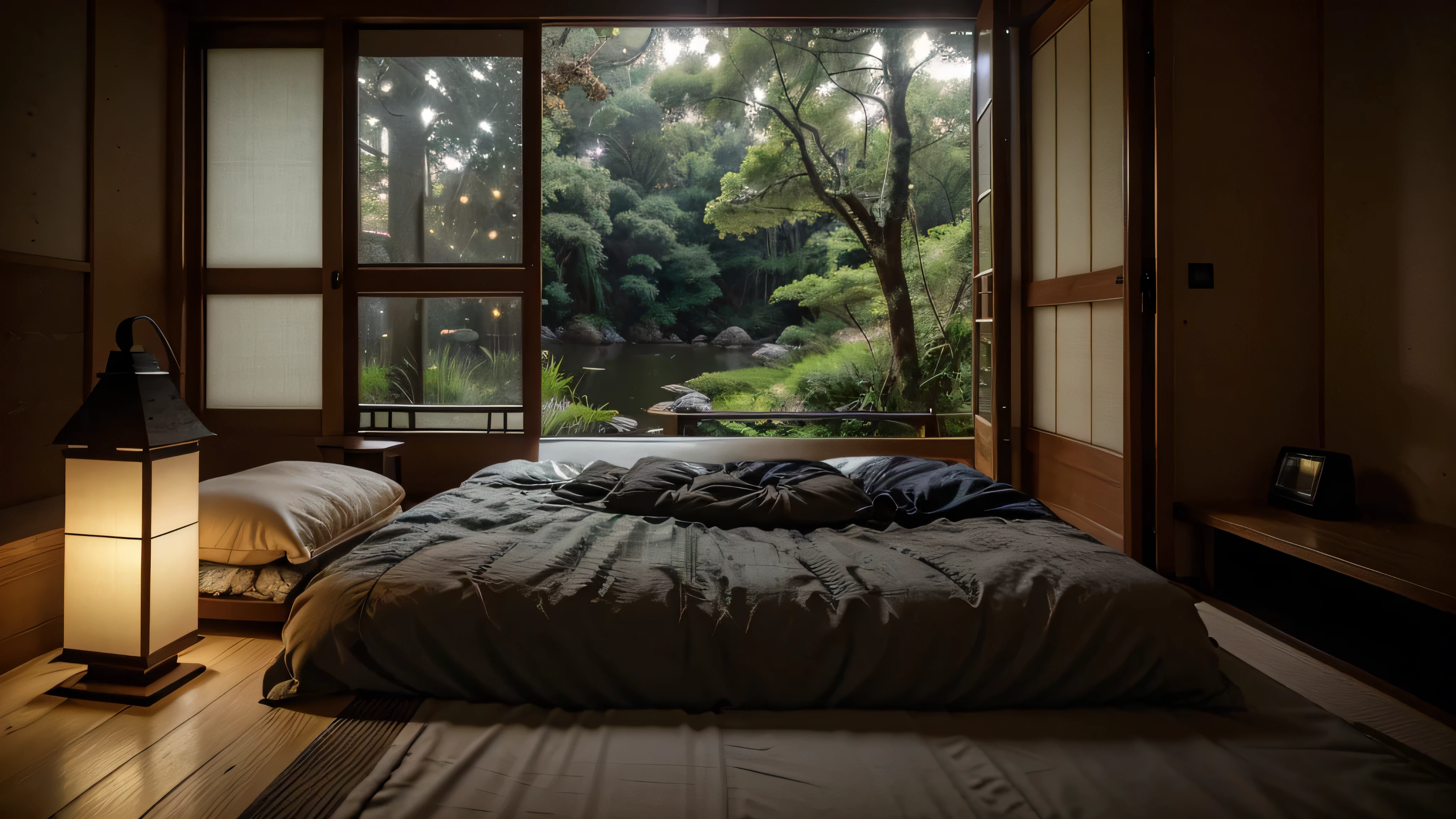 Outside the tidy bed of the side view screen, the scenery outside the door is full of screens, and at the front, the cozy bed appears up close on the side. modern Japanese bedroom, small river in front of the window, stone, dark night, dark, Outdoor scenery that fills the entire screen The small wooden table under the bed houses a shining lamp. The warm light contrasts with the cool colors outside. Japanese, highly detailed bedroom, There are wall hangings, adding a hint of green. wet outdoor wood, thick fog, wet, beautiful dense forest, Outside the fully open balcony, you can see traditional Japanese houses through the dense foliage. Their silhouettes are softly illuminated by the ambient light. The dark and cloudy sky indicates nighttime or cloudy days. large amount of information, realistic, HD, clear, high resolution, ultra wide shot, depth of field, bokeh, cinematic atmosphere, macro photography, close-up, very detailed, trends in artstation, sharp focus, studio photos, intricate details, very detailed,