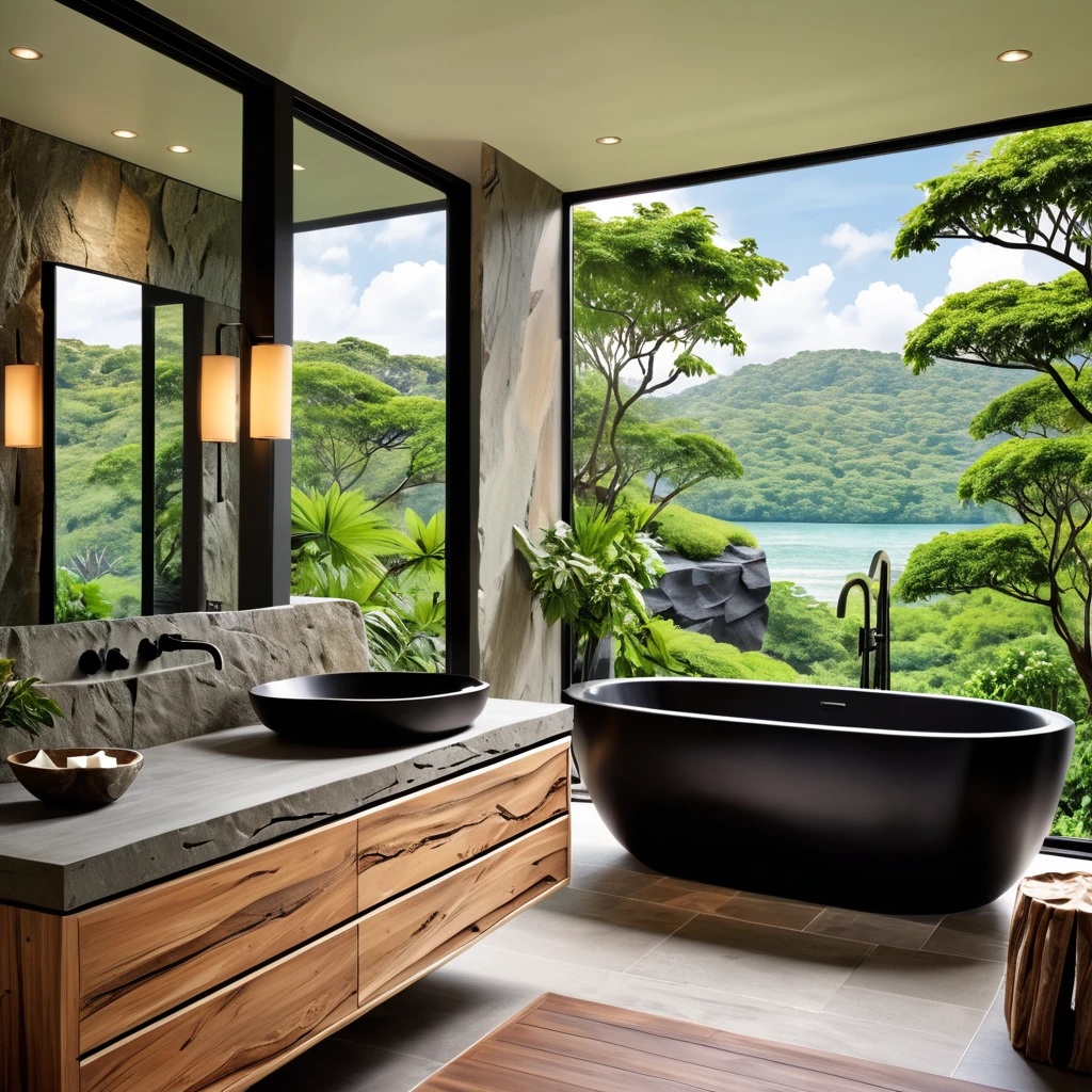 Design a luxurious and modern bathroom with a focus on natural elements. The room features a large black freestanding bathtub and a wooden vanity with a sleek black basin. The walls have a textured, stone-like appearance, creating a dramatic and sophisticated look. Floor-to-ceiling windows offer a stunning view of lush greenery and rock formations, blending the indoor and outdoor spaces seamlessly. Add recessed lighting in the ceiling to enhance the ambiance and ensure the overall design is elegant and serene