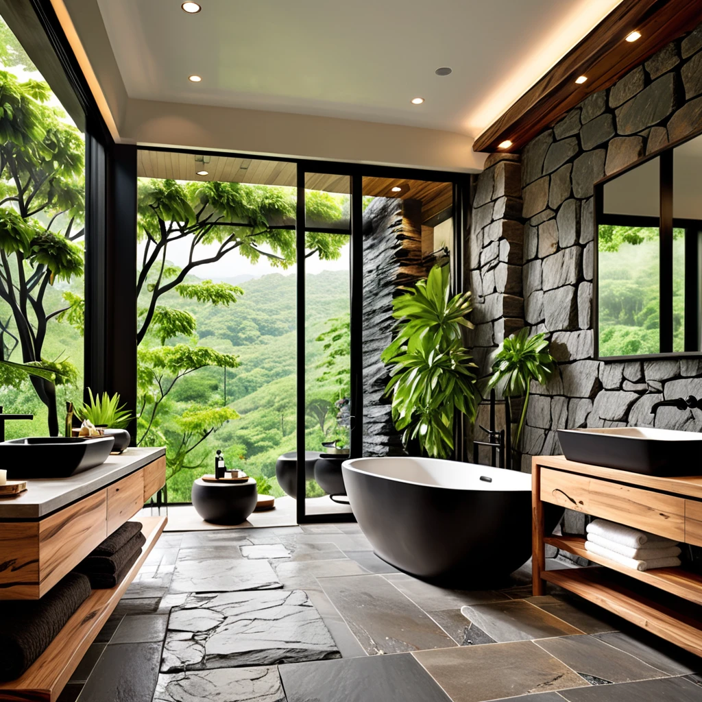 Design a luxurious and modern bathroom with a focus on natural elements. The room features a large black freestanding bathtub and a wooden vanity with a sleek black basin. The walls have a textured, stone-like appearance, creating a dramatic and sophisticated look. Floor-to-ceiling windows offer a stunning view of lush greenery and rock formations, blending the indoor and outdoor spaces seamlessly. Add recessed lighting in the ceiling to enhance the ambiance and ensure the overall design is elegant and serene