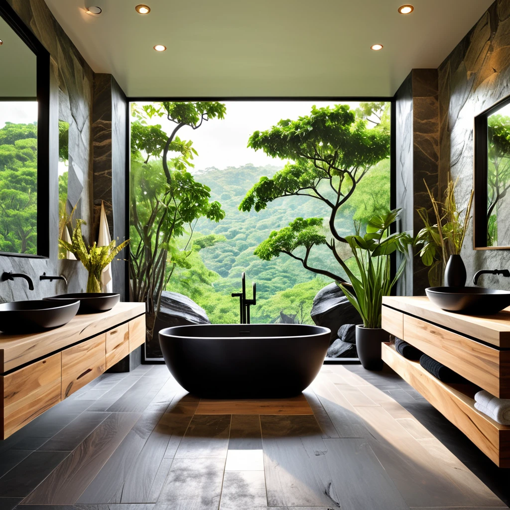 Design a luxurious and modern bathroom with a focus on natural elements. The room features a large black freestanding bathtub and a wooden vanity with a sleek black basin. The walls have a textured, stone-like appearance, creating a dramatic and sophisticated look. Floor-to-ceiling windows offer a stunning view of lush greenery and rock formations, blending the indoor and outdoor spaces seamlessly. Add recessed lighting in the ceiling to enhance the ambiance and ensure the overall design is elegant and serene