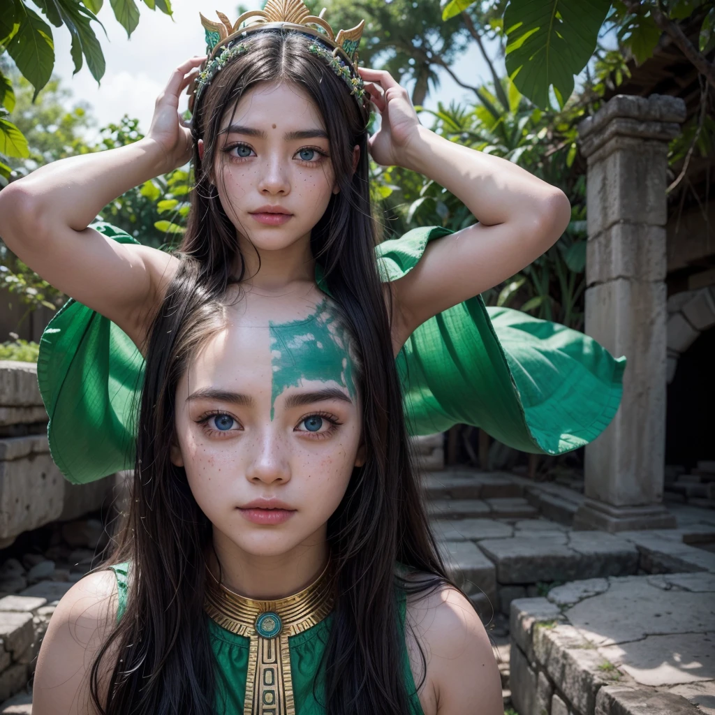 Eunwoo actor and kpop idol more realism in hair and clothing. Create an image of Eunwoo as the sun god at a Mayan temple in Chichen Itza, with his skin glowing with a golden hue and wearing a crown of quetzal feathers.
Imagine Eunwoo as the rain god in a sacred cenote in Tulum, with her long dark hair soaked and her eyes shining with divine power.
Generates a representation of Eunwoo as the god of fertility in the ruins of Teotihuacan, with blooming fields around him and a radiant smile that brings abundance to the land.
Create an image of Eunwoo as the god of wind in the mountains of Oaxaca, with her hair flying in the wind and her arms extended in a gesture of freedom and movement.
Imagine Eunwoo as a star as the god of music in an open-air theater in Palenque, with ancient instruments around him and heavenly melodies emanating from his being. Create a detailed representation of a pre-Hispanic Mexican god with black hair, freckles and green and blue eyes fused into a single iris.
Imagina a un ser divino de la mitología prehispánica mexicana with dark hair, freckles and hypnotic eyes that change between green and blue.
Design an ancestral Mexican deity with black hair, freckles scattered across the face and eyes that shine in shades of green and blue.
Create a divine figure inspired by the pre-Hispanic culture of Mexico, with dark hair, freckles and eyes that reflect shades of green and blue.
Generates a detailed image of a pre-Hispanic Mexican god with black hair, freckles and eyes composed of a green iris and a blue iris
