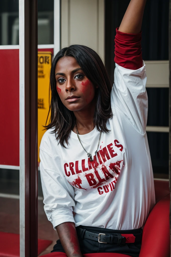 A covie photo with "Crime Studies" written in blood