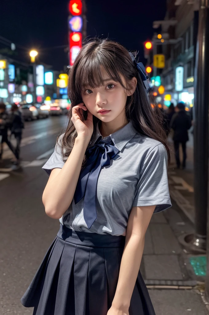 (8K, RAW Photos, masterpiece:1.3), (Realistic, photo-Realistic:1.37), (night), (View your viewers:1.331), (Gray Hair), Pause, Tokyo Street, nightcityscape, Cyberpunk City, Soft Light, One girl, Very beautiful face, bust, Put your hands down, Random hairstyle, Random representation, Big eyes, Lower abdomen, (Short sleeve .ＪＫ_shirt), ＪＫ_style, (dark blue ＪＫ_skirt), (bow ＪＫ_tie), Mix 4., Highest quality