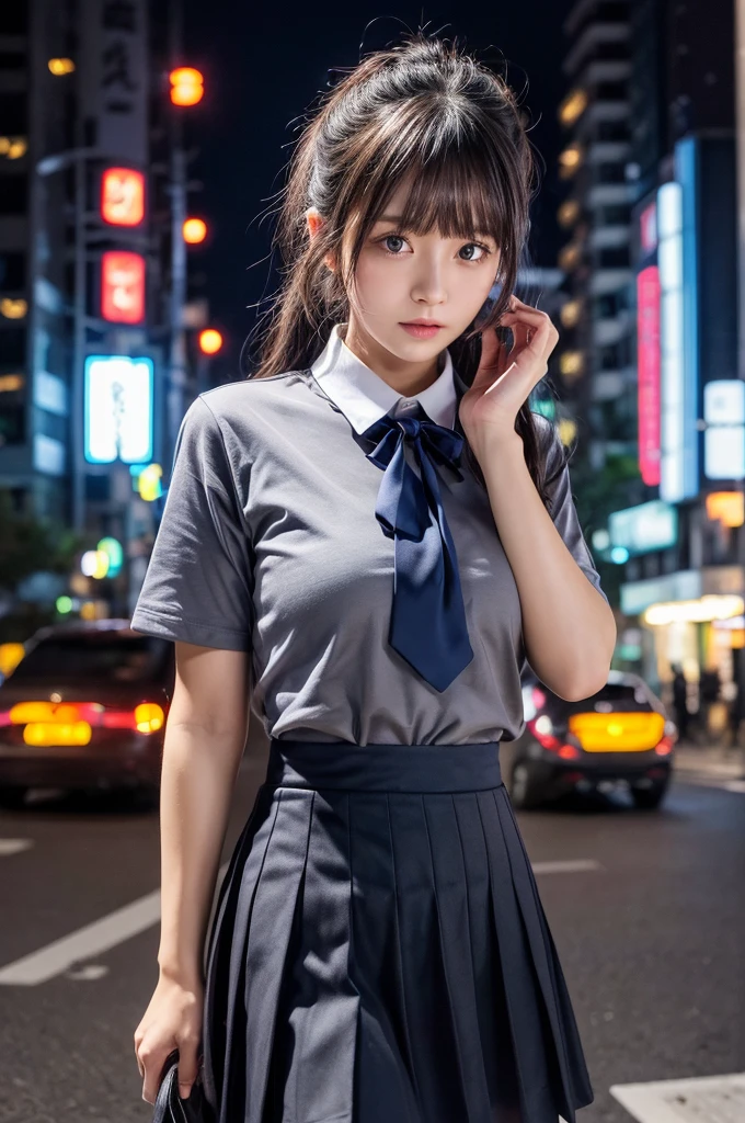 (8K, RAW Photos, masterpiece:1.3), (Realistic, photo-Realistic:1.37), (night), (View your viewers:1.331), (Gray Hair), Pause, Tokyo Street, nightcityscape, Cyberpunk City, Soft Light, One girl, Very beautiful face, bust, Put your hands down, Random hairstyle, Random representation, Big eyes, Lower abdomen, (Short sleeve .JK_shirt), JK_style, (dark blue JK_skirt), (bow JK_tie), Mix 4., Highest quality
