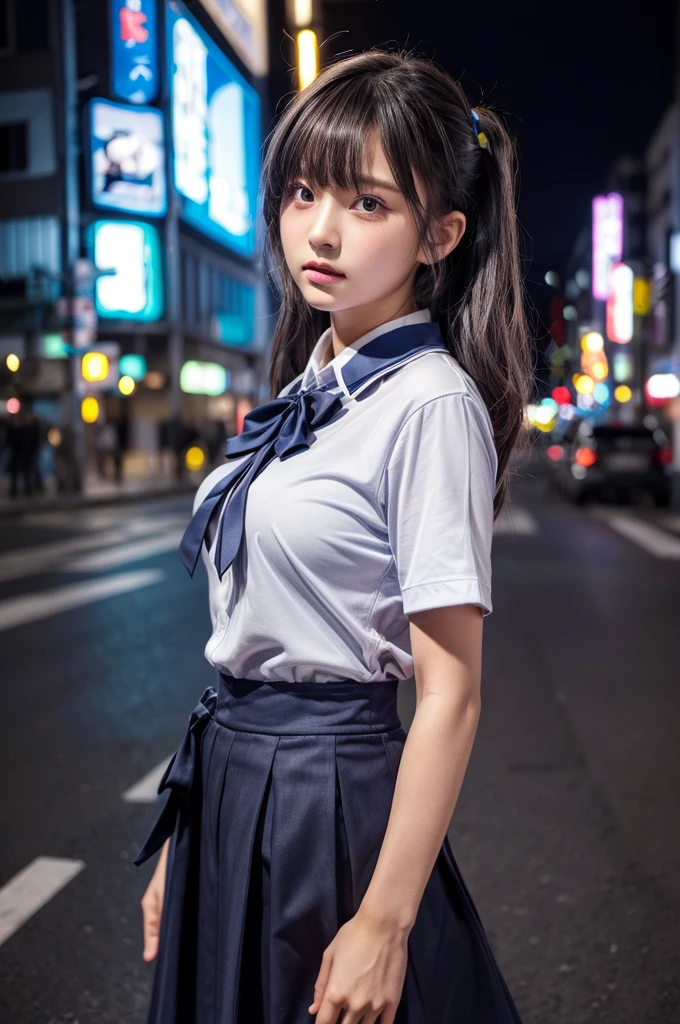 (8K, RAW Photos, masterpiece:1.3), (Realistic, photo-Realistic:1.37), (night), (View your viewers:1.331), (Gray Hair), Pause, Tokyo Street, nightcityscape, Cyberpunk City, Soft Light, One girl, Very beautiful face, bust, Put your hands down, Random hairstyle, Random representation, Big eyes, Lower abdomen, (Short sleeve .JK_shirt), JK_style, (dark blue JK_skirt), (bow JK_tie), Mix 4., Highest quality