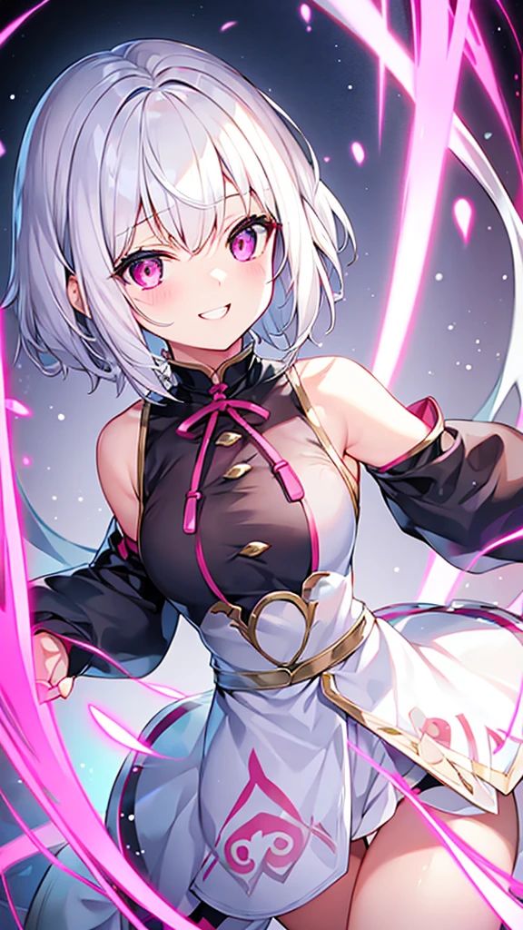White Hair、Pink Eyes、Short Hair、laughing、Only one girl、alone、Cute、Face is close、laughing、it's raining、Holding an umbrella、at the park