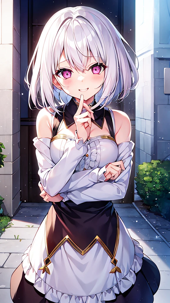White Hair、Pink Eyes、Short Hair、laughing、Only one girl、alone、Cute、Face is close、laughing、it&#39;s raining、Holding an umbrella、at the park