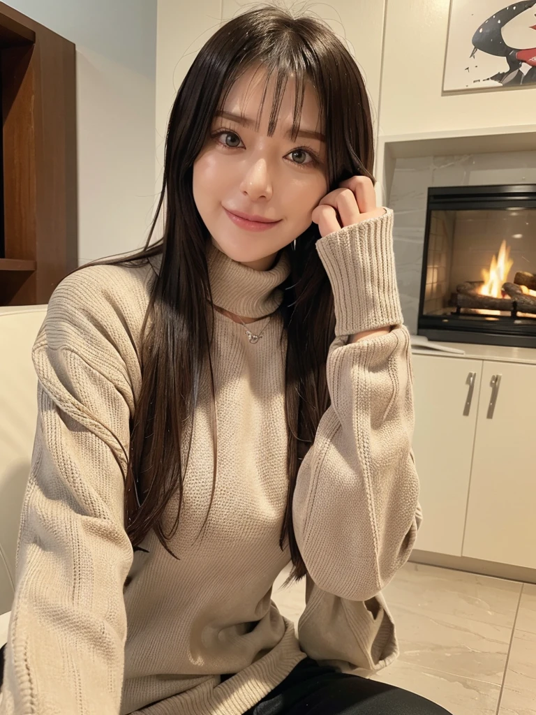 rie,One Woman,(best quality), (ultra detailed), (absolutely resolution),Face is front, 28 years old, Expose your shoulders, Turtleneck and printed pants, The color of the clothes is orchid purple, The pattern of the clothes is cable knit, Brown Hair, Earrings, Warm living room with fireplace