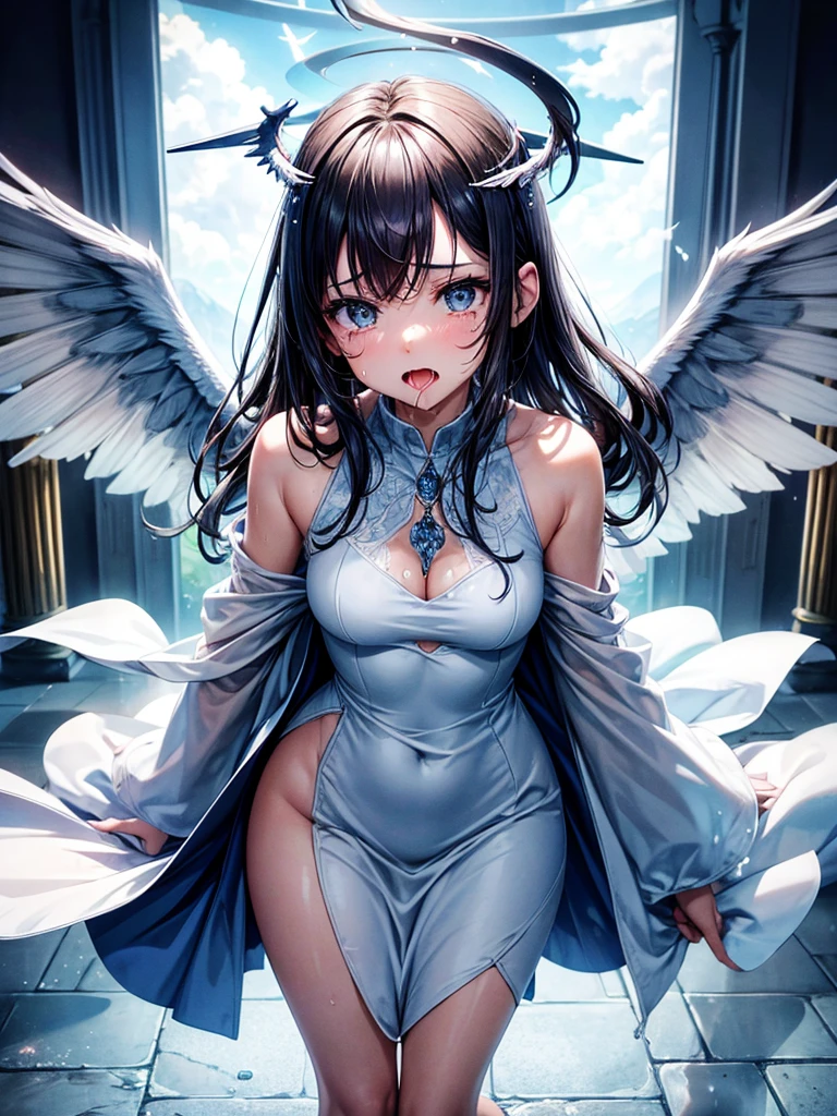 Highest Resolution,Highest quality,１People Girls,beautiful girl,Full body close-up,The body is frontal,looking at the camera,Standing posture,Crying face,Tears,Stringy saliva,Open your mouth,Sticking out tongue,Saliva,Tears overflow,Dripping a lot of saliva,Drooling,Winged Angel,church,Halo overhead,white,