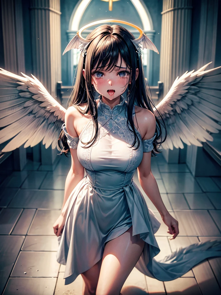 Highest Resolution,Highest quality,１People Girls,beautiful girl,Full body close-up,The body is frontal,looking at the camera,Standing posture,Crying face,Tears,Stringy saliva,Open your mouth,Sticking out tongue,Saliva,Tears overflow,Dripping a lot of saliva,Drooling,Winged Angel,church,Angel halo on head,white,