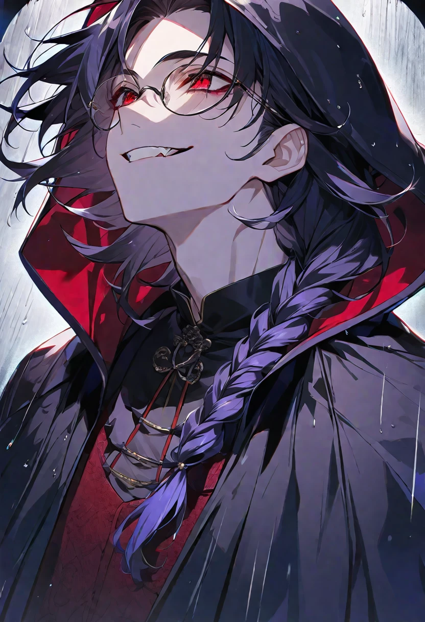 solo, handsome,
1 male,
long hair,straight hair,Braided black hair, devil,
red eyes, Gojo Satoru,casual, Prince,cloak ,black court,cool,smile ,Round Glasses,Put on the hood,rain, vampire,BLOOD,PIERROT, priest,
black background,look up,Face close-up