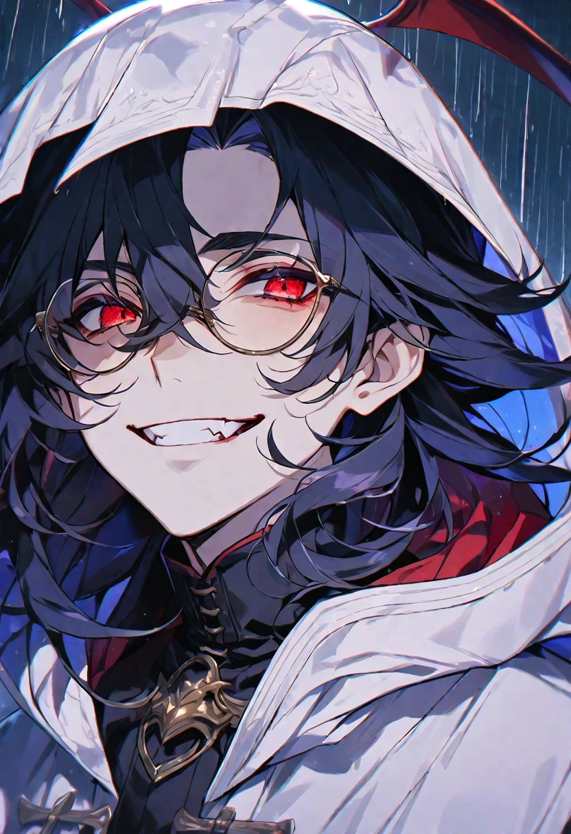 solo, handsome,
1 male,
long hair,straight hair,Braided black hair, devil,
red eyes, Gojo Satoru,casual, Prince,cloak ,black court,cool,smile ,Round Glasses,Put on the hood,rain, vampire,BLOOD,PIERROT, priest,
black background,look up,Face close-up