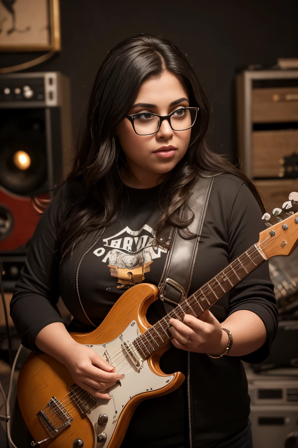 Best Quality, High Resolution, Masterpiece: 1.3, Charming Iranian Woman, Heavy Metal, Cinematic Lighting:
1. A chubby Iranian woman, adorned with thick glasses, stands confidently in a studio, her electric guitar in hand.
2. With a determined look in her eyes, she strums the e-guitar, creating a heavy metal symphony that resonates throughout the room.
3. The cinematic lighting casts a dramatic shadow on her face, highlighting her contours and her thick-framed glasses.
4. Despite her chubby build, her posture is strong and assertive, reflecting her passion for music