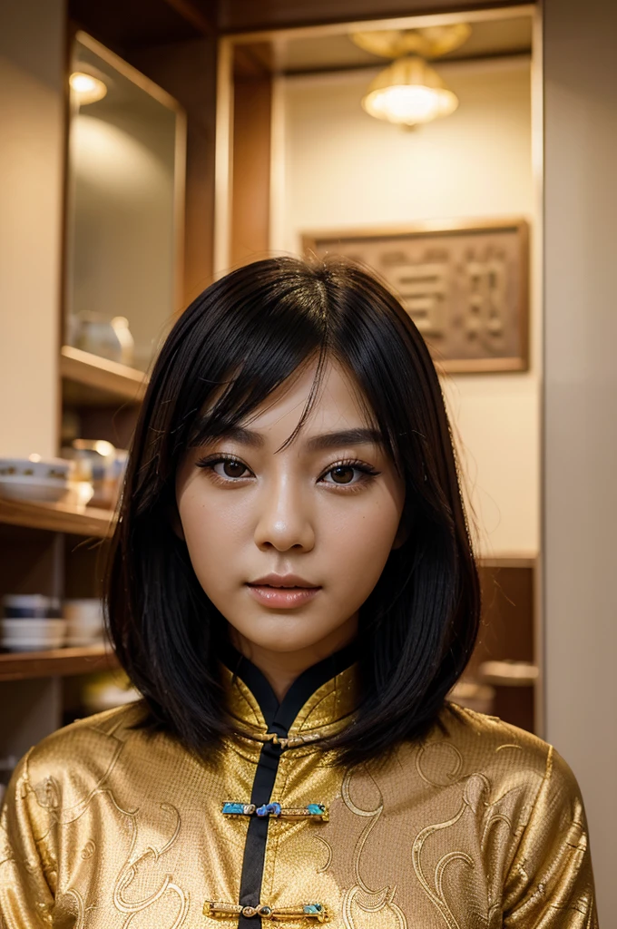 A woman wearing a brightly colored , bob hair, beautiful portrait, Chinese woman, Chinese woman, Chinese woman, beautiful young woman, beautiful young woman, Chinese woman, beautiful female model, beautiful female model, lovely young woman, beautiful young woman, lovely young woman, Chinese woman