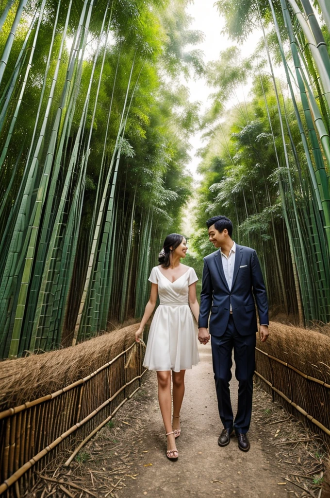 Lovely couple walking in bamboo forest holding hands