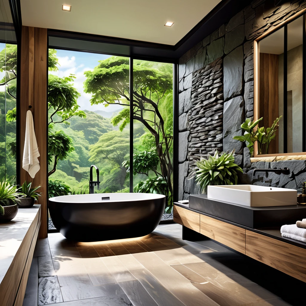 Design a luxurious and modern bathroom with a strong connection to nature. The bathroom features a large black bathtub with a sleek, matte finish, placed near a floor-to-ceiling window that offers a stunning view of a rocky garden with lush greenery. The walls are adorned with dark, textured stone tiles, creating a sophisticated and serene atmosphere. Include a wooden vanity with a vessel sink and open shelving for towels and toiletries. Soft, recessed lighting and natural light from the window should illuminate the space, enhancing the overall tranquil and elegant feel.
