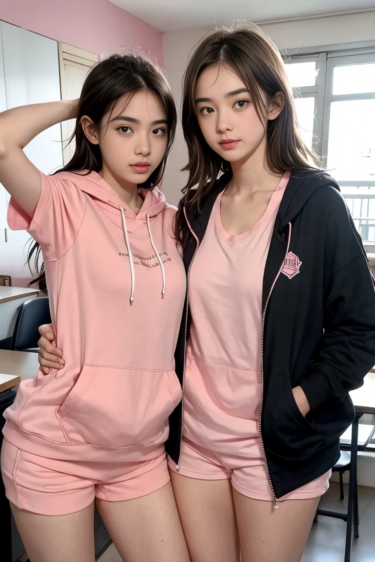 deux femmes ensemble de 18 ans sexy et mince , pink short sleeve hoodie , salle de classe, se touche,position sey,sensuel