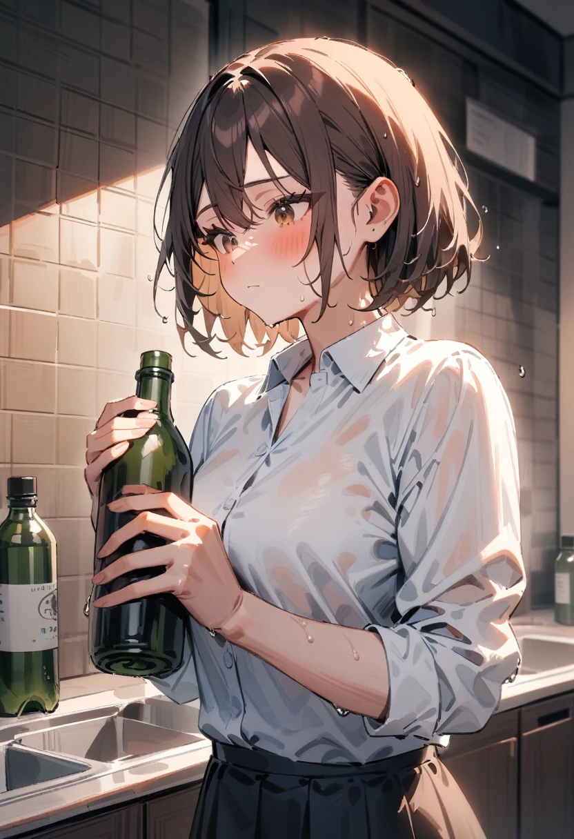 masterpiece, best quality, very aesthetic, absurdres, newest, 1girl, solo, blush, short hair, skirt, brown hair, shirt, long sleeves, holding, hair between eyes, brown eyes, closed mouth, white shirt, collared shirt, indoors, black skirt, water, wet, looking down, bottle, sleeves rolled up, tiles, holding bottle, tile wall, sink