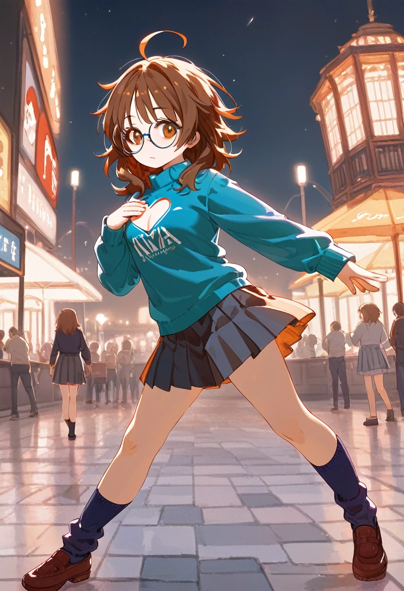 score_9, score_8_superior, One girl, Hina Araki, Under-rim round glasses, Juru, Brown eyes, Brown Hair, Medium Hair, bedhead hair, Ahoge, Messy Hair, Big Hair, Medium chest and beard, Mouth half open, superiorから, Place your hand on your chest , face to tipafter that, Looking into the distance, Contrasting, Dynamic pose, Cinema Lighting, , Deep multi-colored sweater, Heart Cutout Amber Pleated Check_Skirt Ankle socks Light bulb_after that_shoes, Daytime , Blood Moon Altar