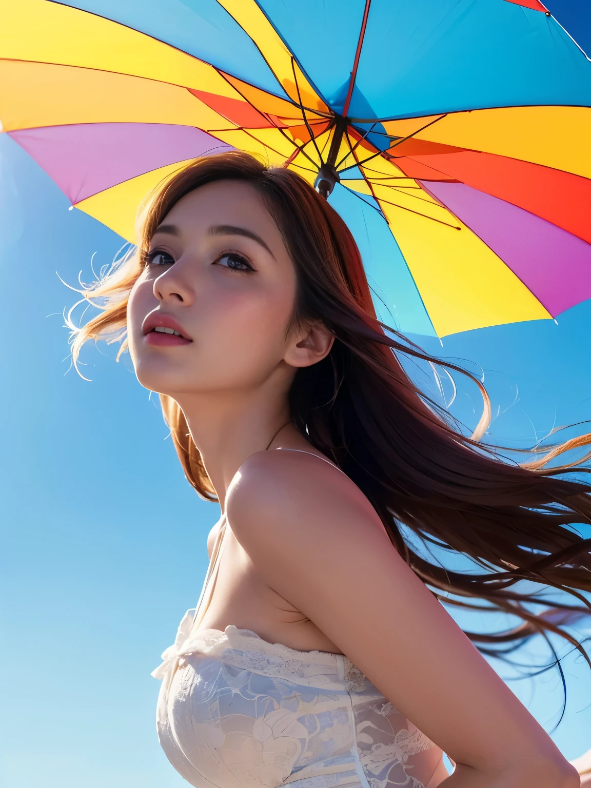 A girl floating in the air holding a large colorful umbrella, low angle view, blue sky background, (best quality,4k,8k,highres,masterpiece:1.2),ultra-detailed,(realistic,photorealistic,photo-realistic:1.37),fantasy,magical realism,dreamy,whimsical,vibrant colors,dramatic lighting,soft focus,cinematic,intricate details,stunning composition