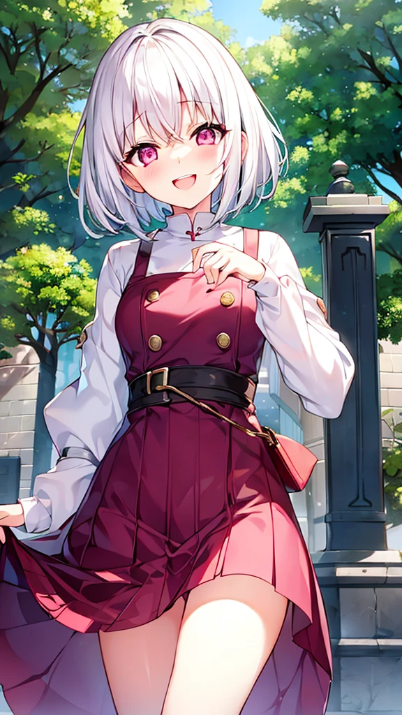 White Hair、Pink Eyes、Short Hair、laughing、Only one girl、alone、Cute、Face is close、laughing、it's raining、Holding an umbrella、at the park