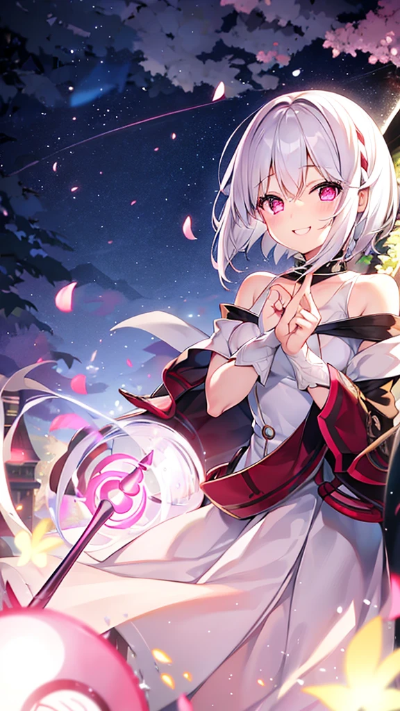 White Hair、Pink Eyes、Short Hair、laughing、Only one girl、alone、Cute、Face is close、laughing、it's raining、Holding an umbrella、at the park